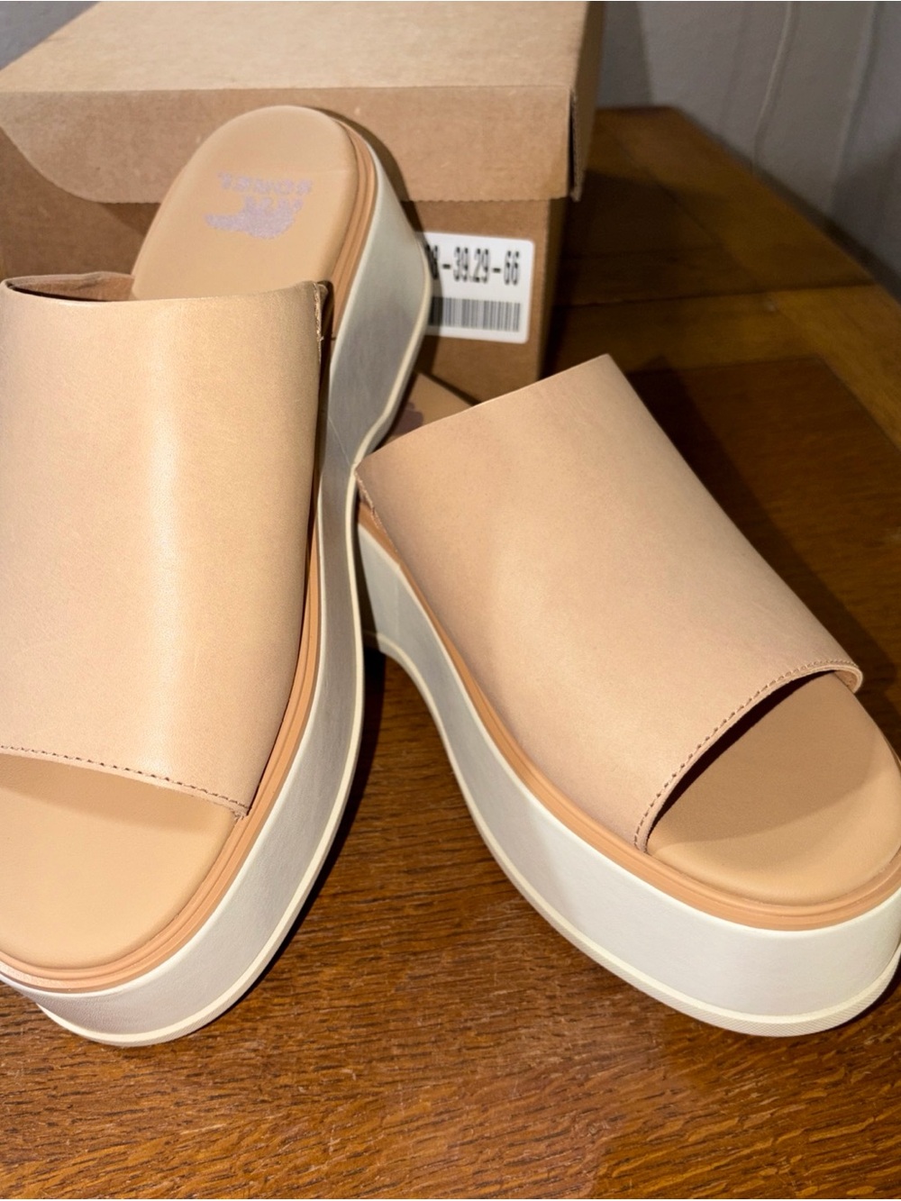 Sorel Beige Platform Slide Mules